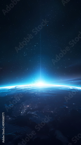 Earth viewed from space with blue lights shining on the horizon