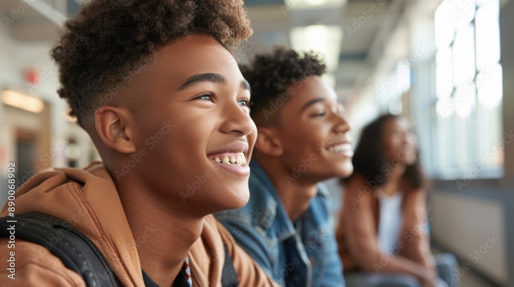 Obraz premium Joyful students with backpacks smile brightly in a school hallway, capturing a moment of happiness and camaraderie.