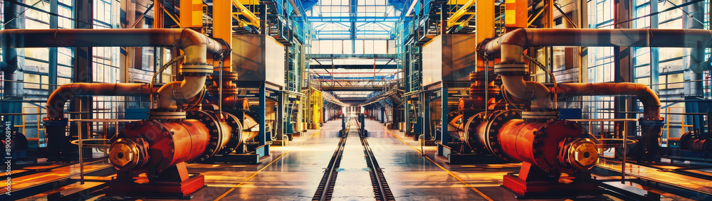 Industrial Machinery and Pipes in a Modern Factory - The image showcases an industrial factory with large machinery, intricate pipes, and a worker walking through the center of the space. This symboli Industrial Machinery and Pipes in a Modern Factory - The image showcases an industrial factory with large machinery, intricate pipes, and a worker walking through the center of the space. This symboli