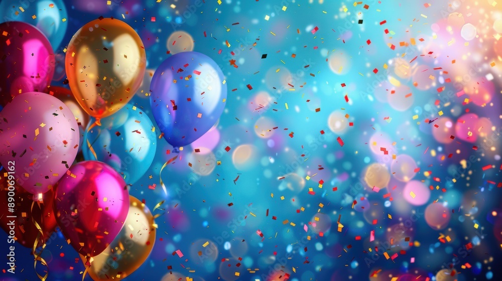 A bunch of colorful party balloons surrounded by sparkling confetti, creating a festive and joyful atmosphere. A bunch of colorful party balloons surrounded by sparkling confetti, creating a festive and joyful atmosphere.