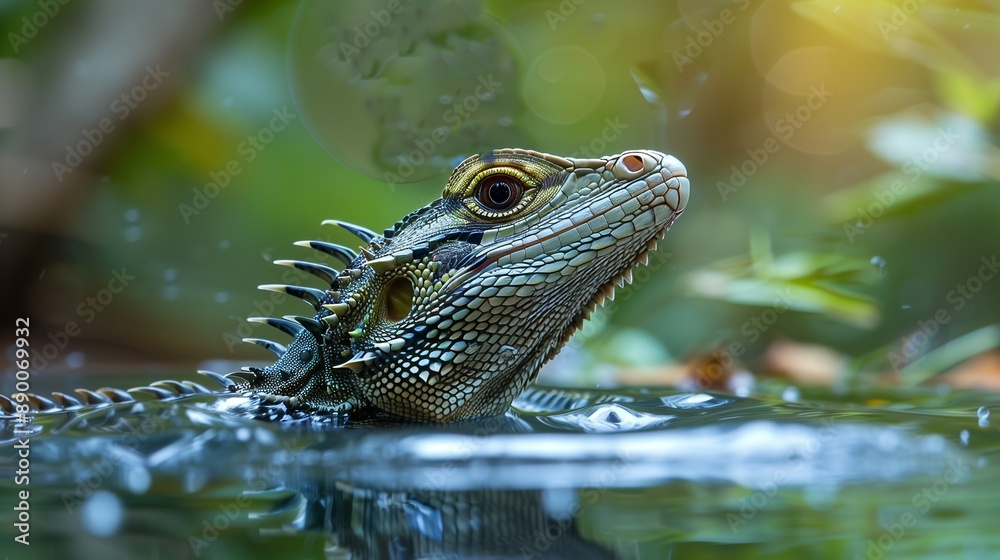 A water dragon lizard basks on a sunlit rock, displaying its vibrant green scales and sparkling eyes.