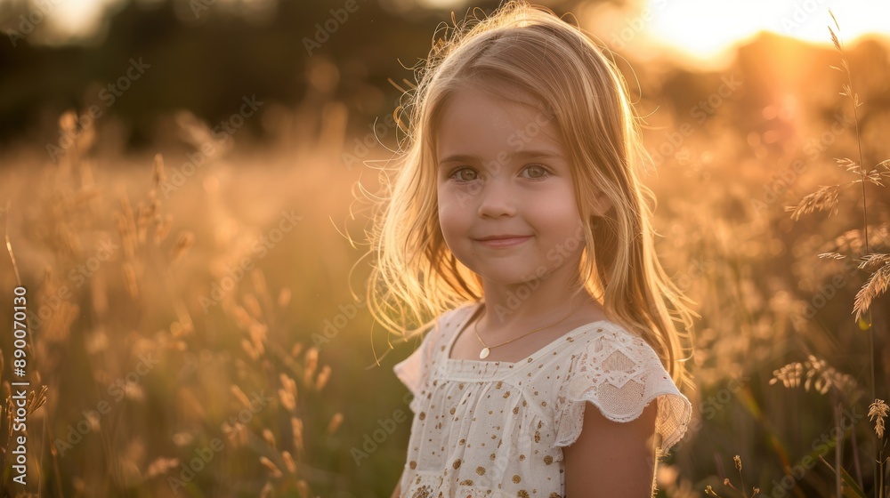 A young girl stands in a sunlit field, smiling gently at the camera, with golden light and tall grasses surrounding her. A young girl stands in a sunlit field, smiling gently at the camera, with golden light and tall grasses surrounding her.
