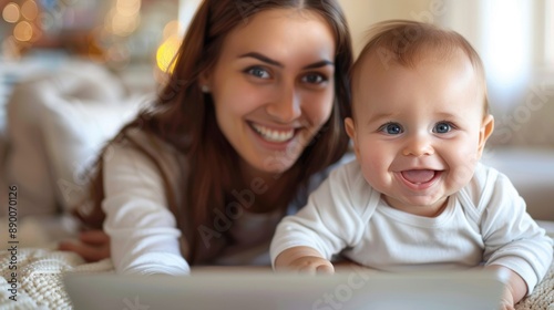 A cheerful mother and her baby smile at the camera, sitting together on a bed with a laptop in front of them.