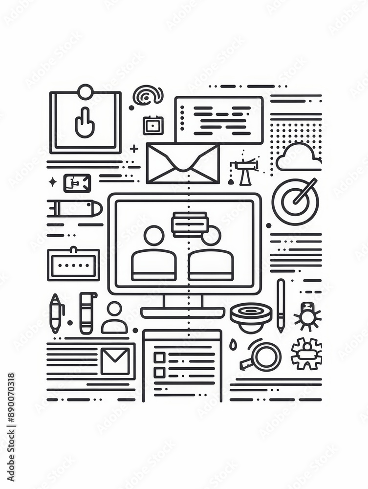 Online Collaboration and Communication Technology: A Visual Guide - This illustration represents online communication, collaboration, and technology. It features icons representing elements like video Online Collaboration and Communication Technology: A Visual Guide - This illustration represents online communication, collaboration, and technology. It features icons representing elements like video