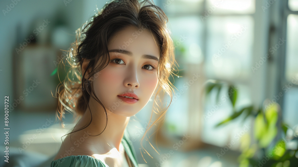 In a minimalist studio, a Korean girl in a light green dress practices photography, showcasing her glowing skin and focused expression.
In a minimalist studio, a Korean girl in a light green dress practices photography, showcasing her glowing skin and focused expression.
