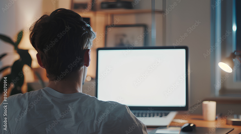 Over shoulder shot of a young man using computer laptop in front of an blank white computer screen in home
