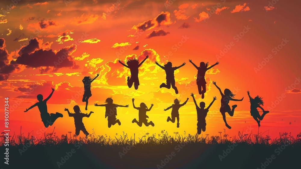 Silhouettes of Joyful Friends Jumping at Sunset - A group of friends silhouetted against a vibrant sunset, symbolizing happiness, unity, freedom, adventure, and the beauty of friendship. Silhouettes of Joyful Friends Jumping at Sunset - A group of friends silhouetted against a vibrant sunset, symbolizing happiness, unity, freedom, adventure, and the beauty of friendship.