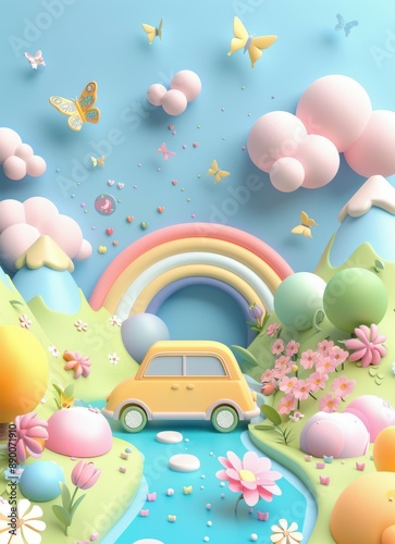 A 3D blender render showcasing a cute car in the center of a minimalist blank backdrop. The borders are adorned with cheerful illustrations of rainbows, butterflies, and flowers, creating a joyful