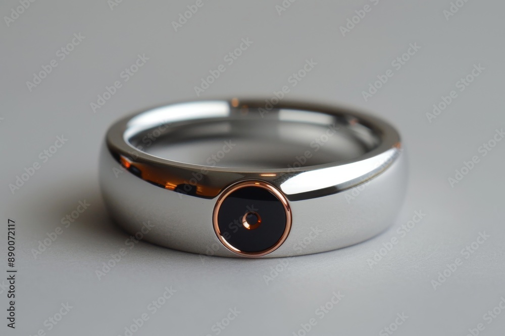 A sleek black smart ring featuring a luminescent red and blue light design is showcased against a dark backdrop, highlighting its modern aesthetic. A sleek black smart ring featuring a luminescent red and blue light design is showcased against a dark backdrop, highlighting its modern aesthetic.