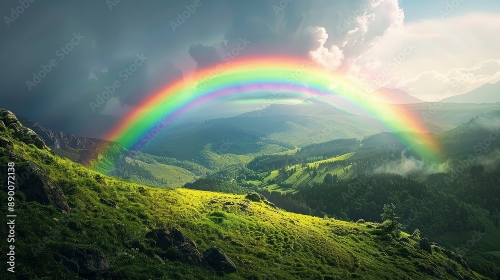 Obraz premium A vibrant rainbow over a lush green valley.