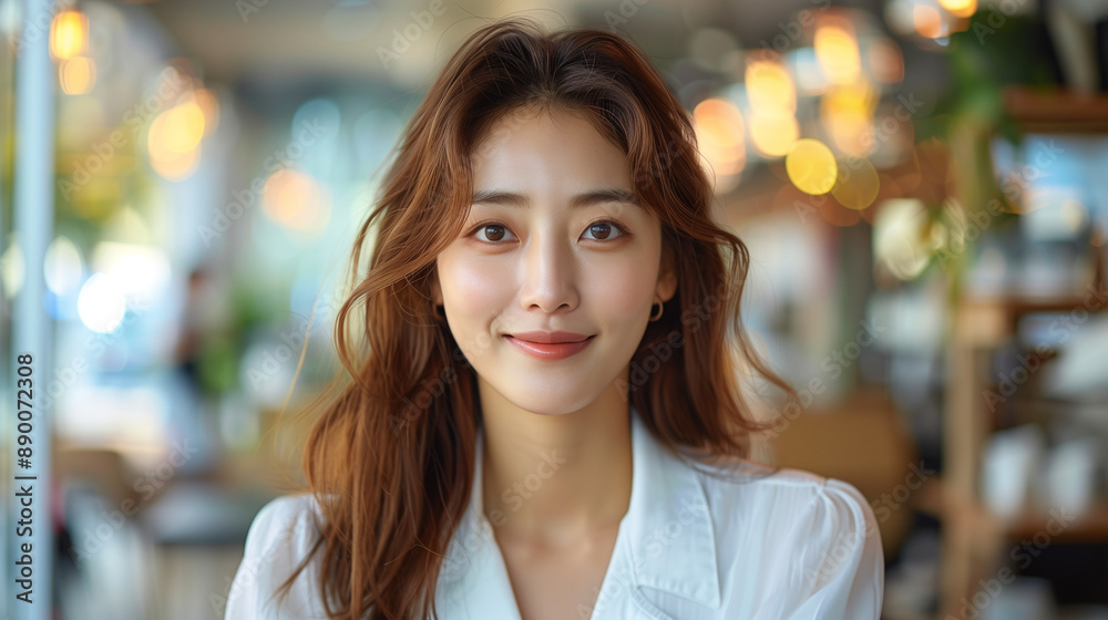 Professional Korean woman in a white blouse video calling in a bright cafe, with flawless skin and tidy hair.
Professional Korean woman in a white blouse video calling in a bright cafe, with flawless skin and tidy hair.