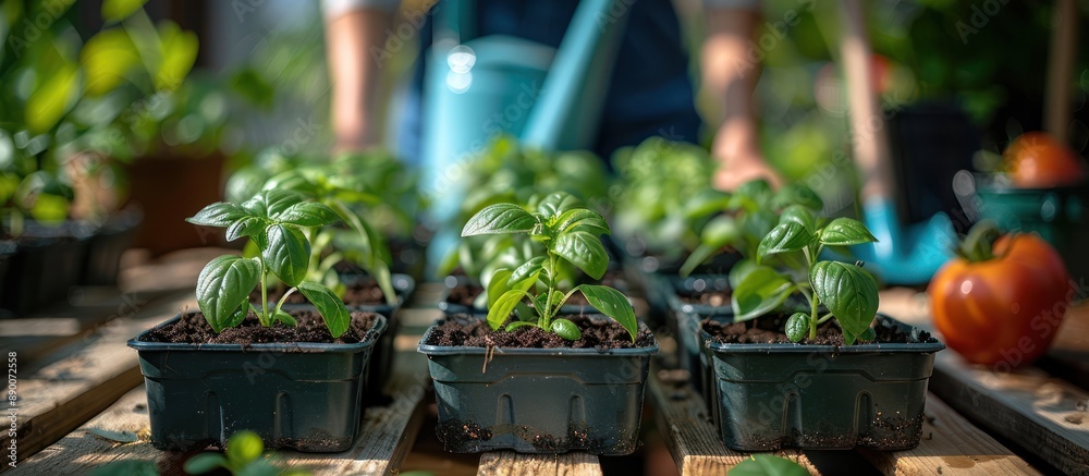 Close-up of Green Basil Seedlings in Pots Close-up of Green Basil Seedlings in Pots