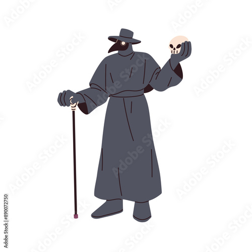 Helloween plague doctor costume. Creepy spooky character disguised in beaked mask for horror night, October holiday party, Halloween carnival. Flat vector illustration isolated on white background