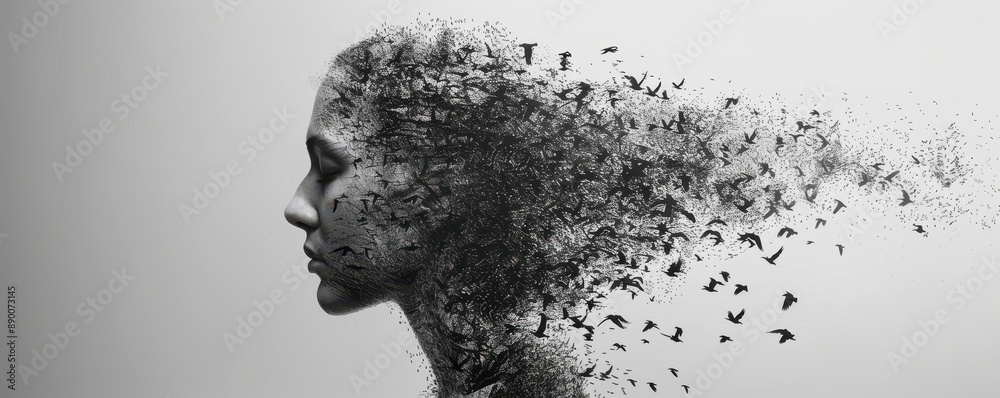 Black and white surreal portrait of a woman's profile, her head transforming into a flock of dispersing birds. Black and white surreal portrait of a woman's profile, her head transforming into a flock of dispersing birds.