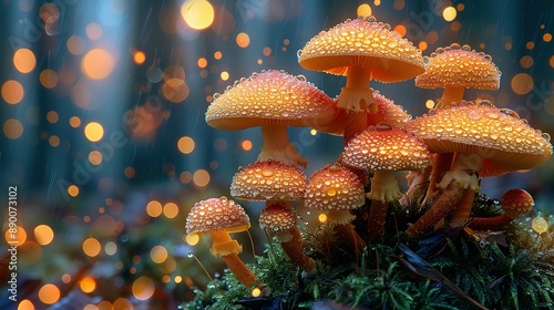 Mystical Mushroom Magic: Orange Fungi with Dewdrops in the Forest