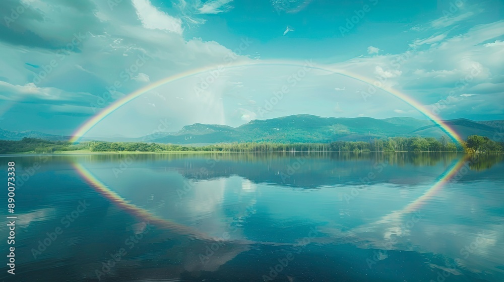 A vibrant rainbow over a tranquil lake. A vibrant rainbow over a tranquil lake.
