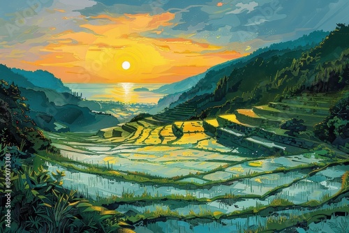 A vibrant illustration of a rice paddy field at sunset. photo