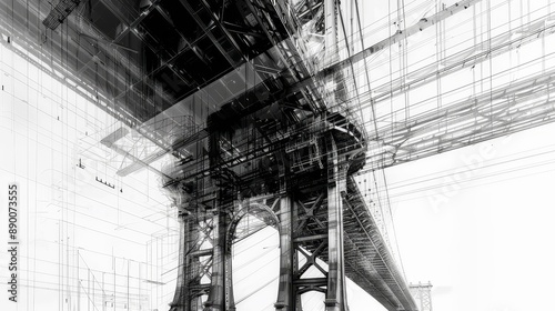 Abstract Bridge Structure: A Modern Architectural Design - A black and white abstract image of a bridge structure, symbolizing strength, construction, engineering, urban landscapes, and architecture. photo