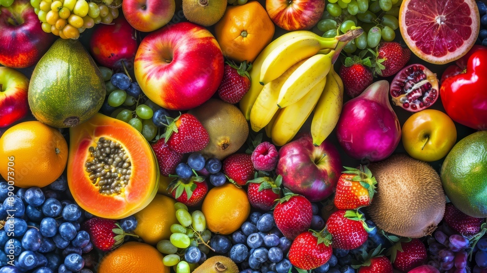 Arrangement of fresh fruits creating a colourful background, viewed from above. Arrangement of fresh fruits creating a colourful background, viewed from above.