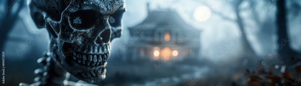 Eerie Skeleton in Spooky Moonlit Forest with Haunted House in Background Eerie Skeleton in Spooky Moonlit Forest with Haunted House in Background