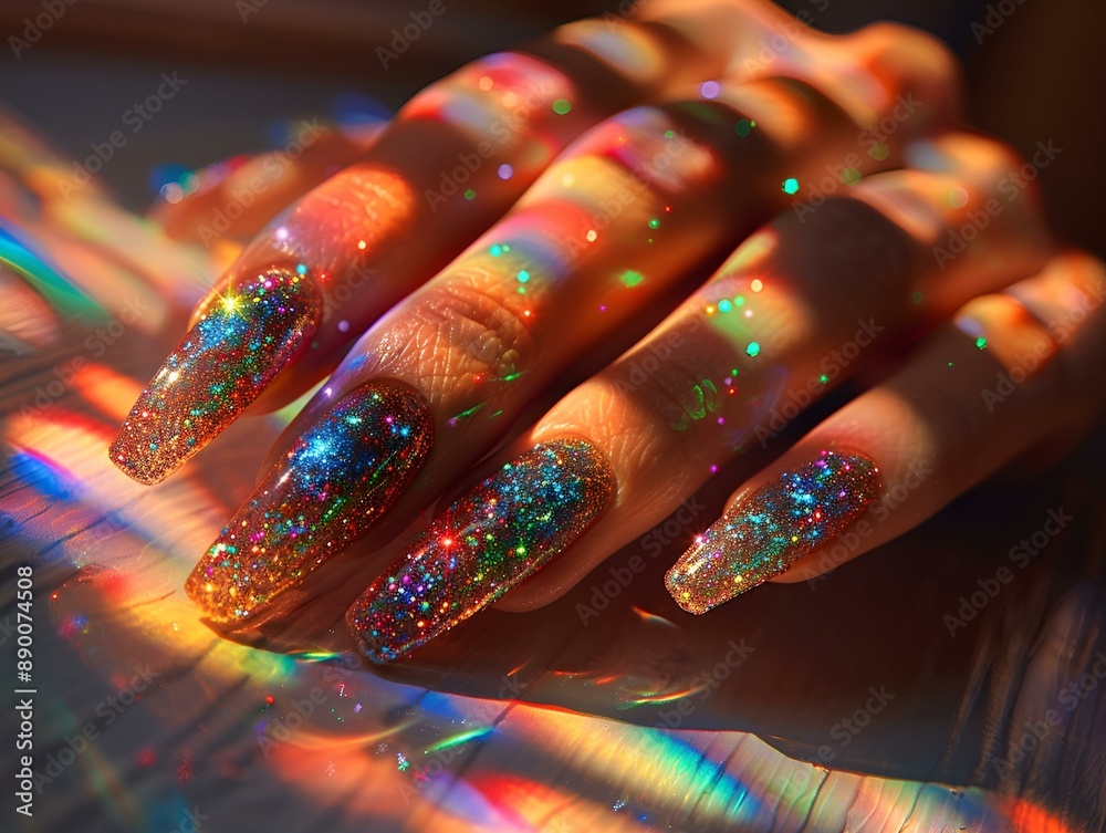 Woman's hands shimmering with glitter, catching the light. Woman's hands shimmering with glitter, catching the light.