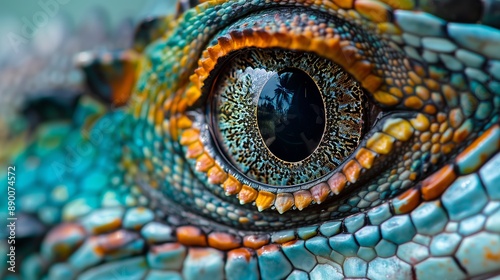 A close-up of a water dragon lizard's eye reveals its intricate details and vibrant colors. © klss777