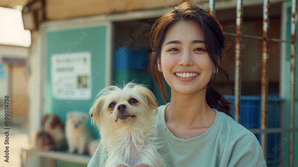 Korean woman volunteering at an animal shelter, in a light green shirt and jeans, smiling.
Korean woman volunteering at an animal shelter, in a light green shirt and jeans, smiling.
