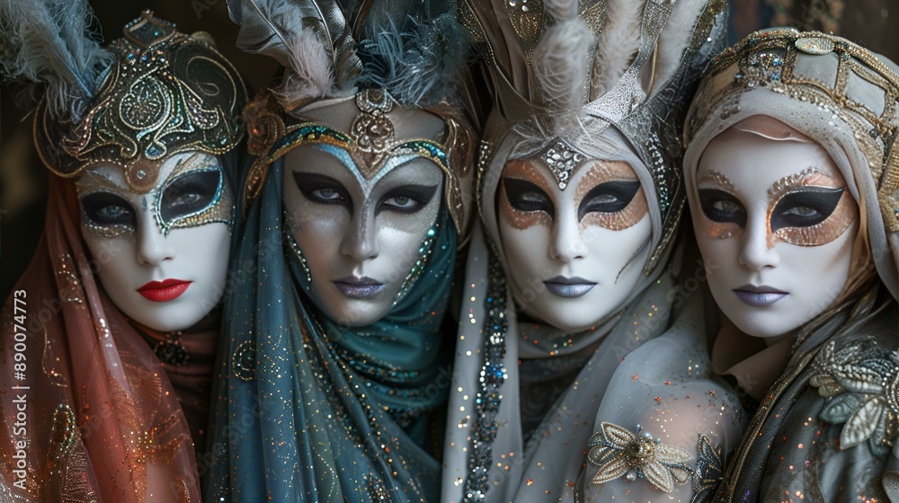 Four women in masks and feathers posing for a festive event. Four women in masks and feathers posing for a festive event.