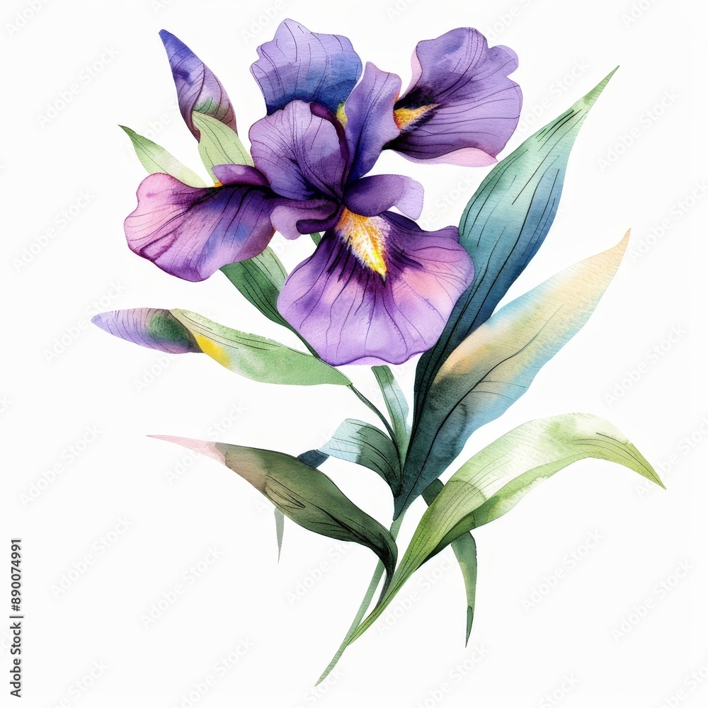 Elegant Watercolor Deep Purple Iris Botanical Illustration Elegant Watercolor Deep Purple Iris Botanical Illustration