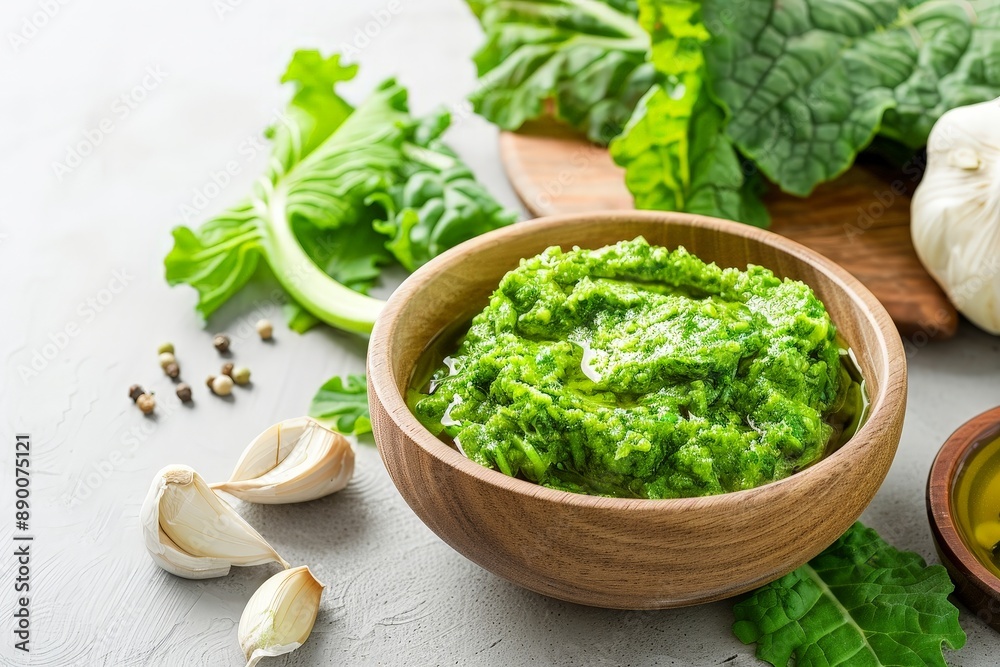Fresh Broccoli Rabe Pesto from Above - Healthy Green Spread for Recipes Fresh Broccoli Rabe Pesto from Above - Healthy Green Spread for Recipes