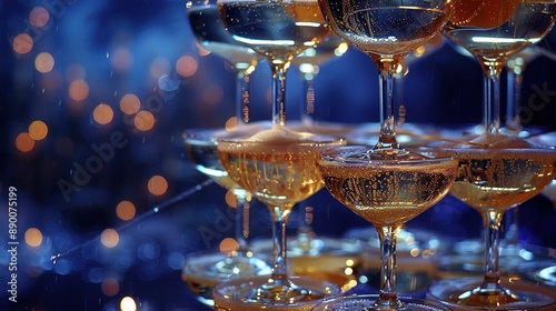 A luxurious champagne tower rising gracefully against a backdrop of midnight blue, each glass glistening with anticipation of the sparkling libation within.