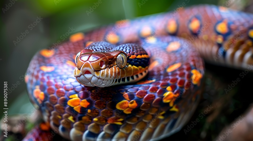 A close-up of a vividly colored and textured snake in a lush jungle A close-up of a vividly colored and textured snake in a lush jungle