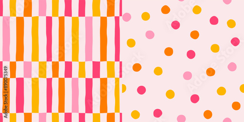 Set of seamless abstract multicolored polka dot and vertical stripes pattern on light background, hand drawn illustration, flat style