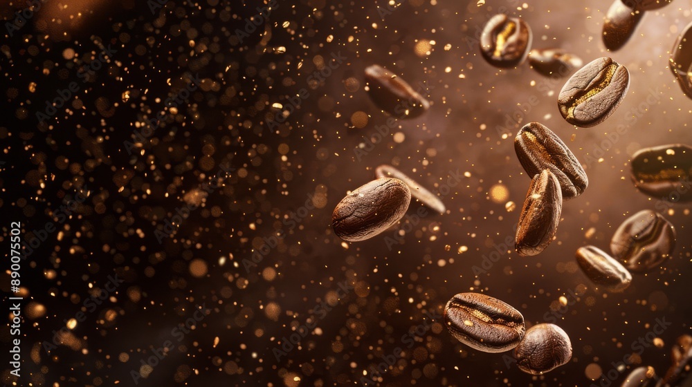 Roasted coffee beans tumbling down on a brown backdrop Roasted coffee beans tumbling down on a brown backdrop