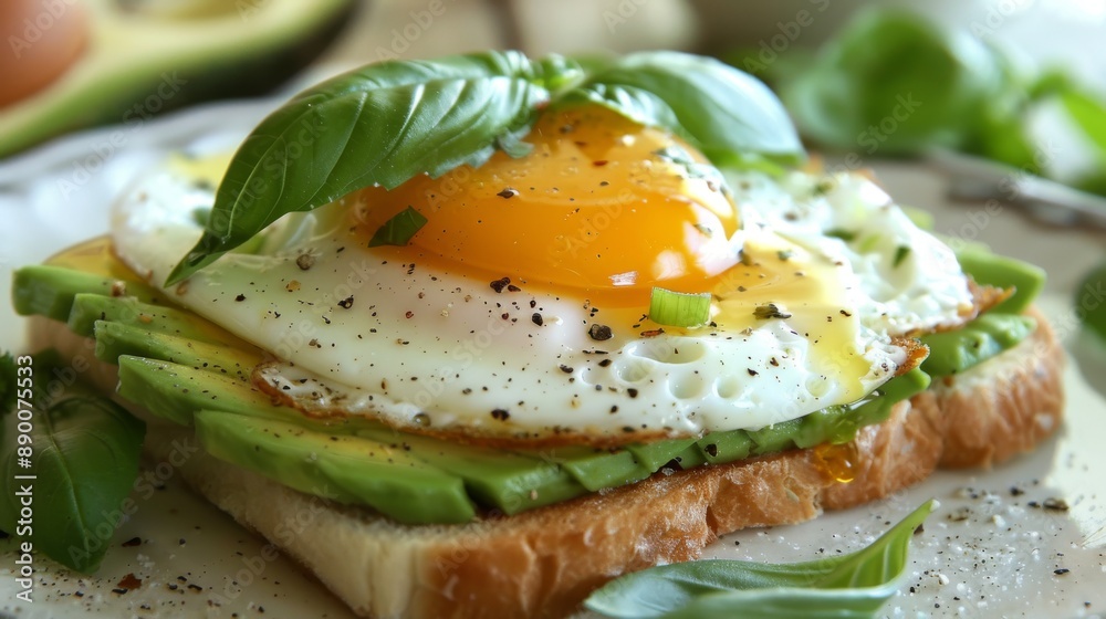 Savory avocado and egg sandwich with a perfectly runny yolk, topped with fresh basil. Savory avocado and egg sandwich with a perfectly runny yolk, topped with fresh basil.