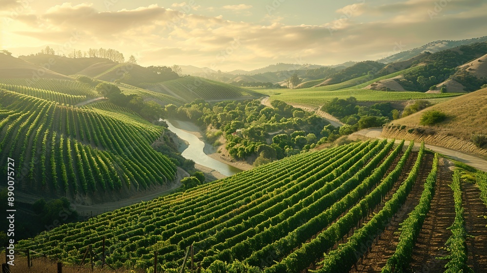 A panoramic view of a wine country landscape, with terraced vineyards cascading down hillsides towards a tranquil river below. A panoramic view of a wine country landscape, with terraced vineyards cascading down hillsides towards a tranquil river below.