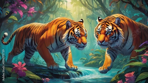 A painting of tigers in the forest, water, AI generated 