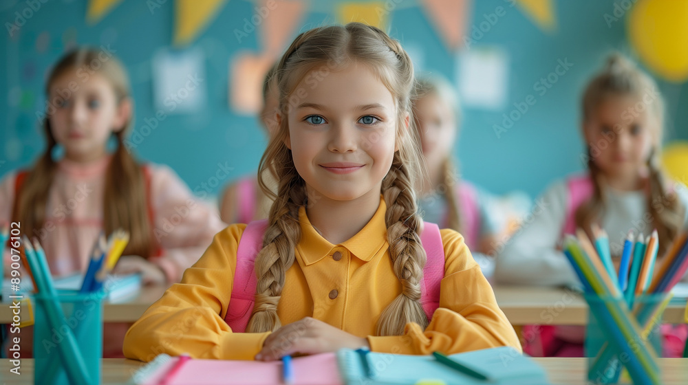 Fototapeta premium Desks set with students and new school materials. 