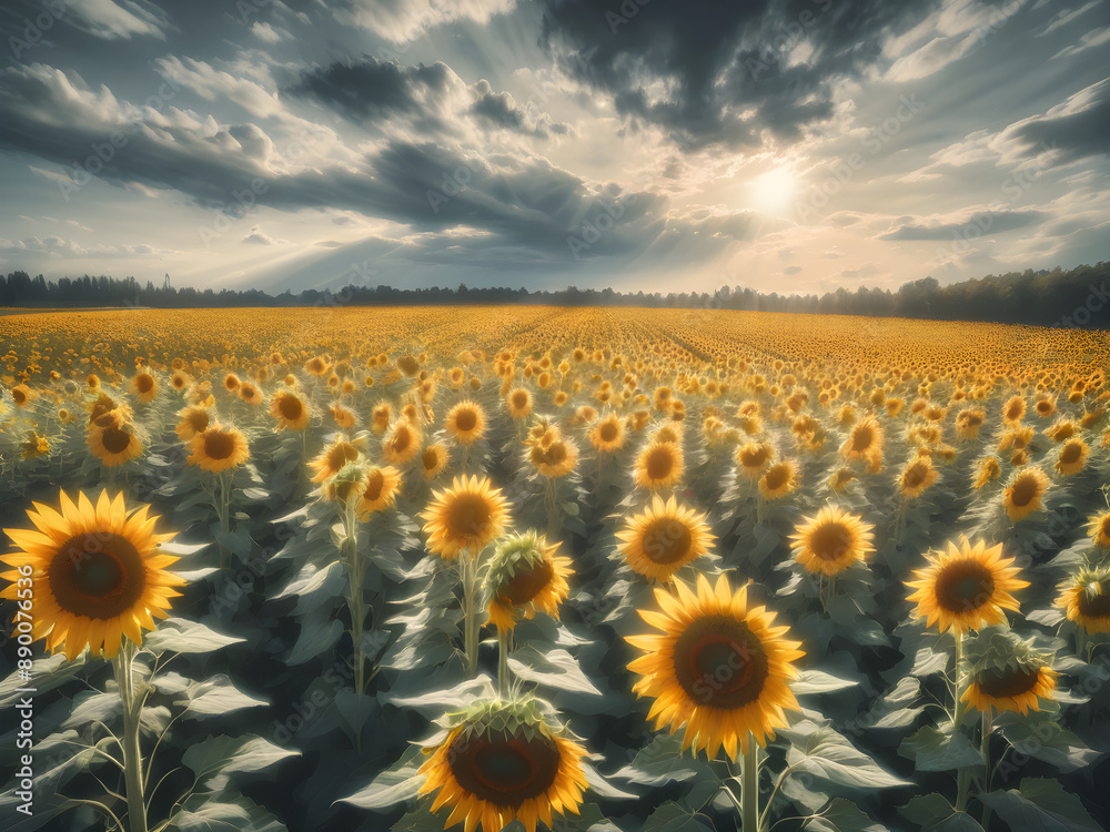 Obraz premium Sunflower field background with a sunny glow