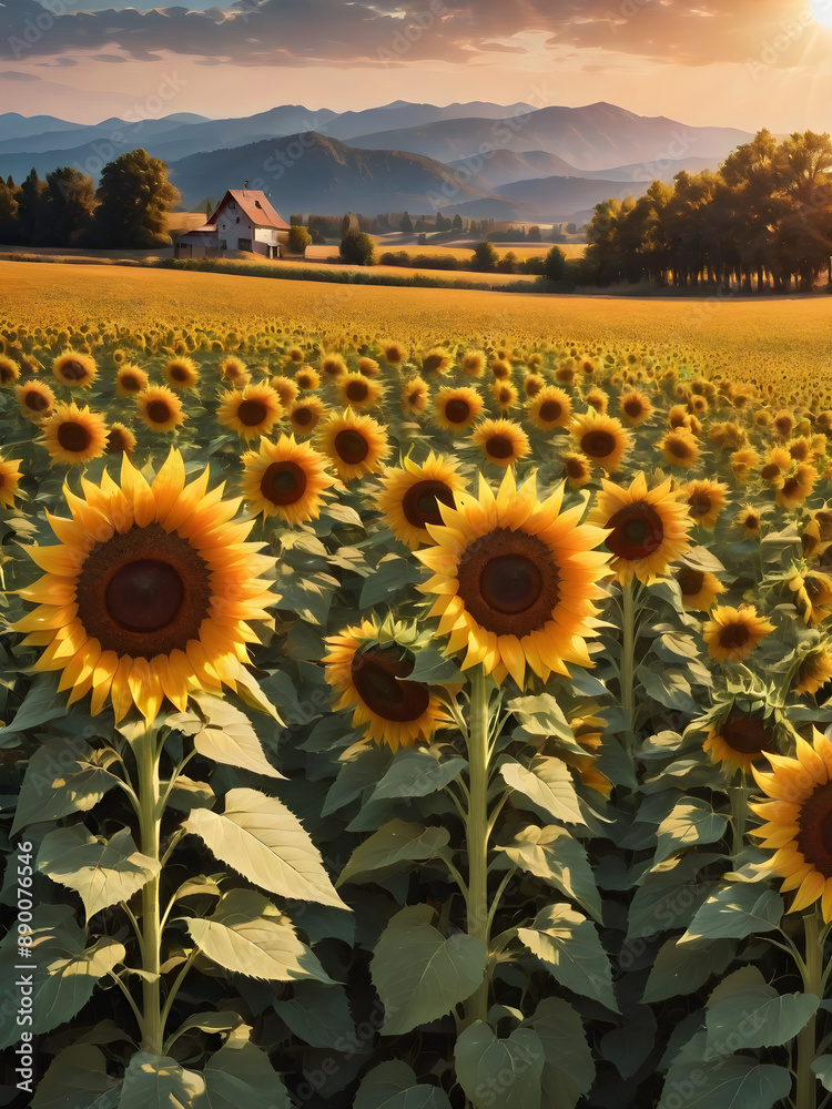 Fototapeta premium Sunflower field background with a sunny glow