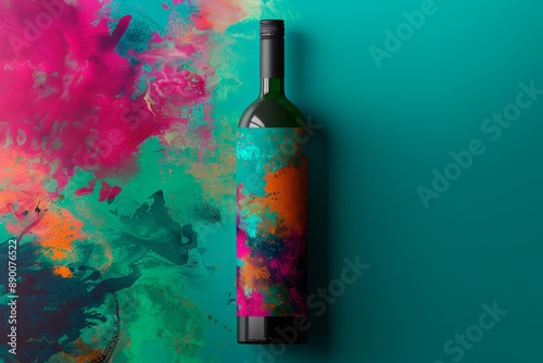 Wine Bottle With Abstract Paint Splatter Design on Teal Background
