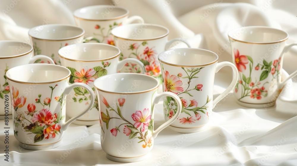 A set of matching porcelain mugs adorned with delicate floral motifs, arranged against a backdrop of crisp white, adding a touch of elegance to afternoon tea. A set of matching porcelain mugs adorned with delicate floral motifs, arranged against a backdrop of crisp white, adding a touch of elegance to afternoon tea.