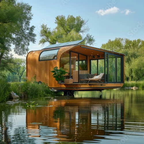 A floating house on a lake with an outdoor lounge area. AI.