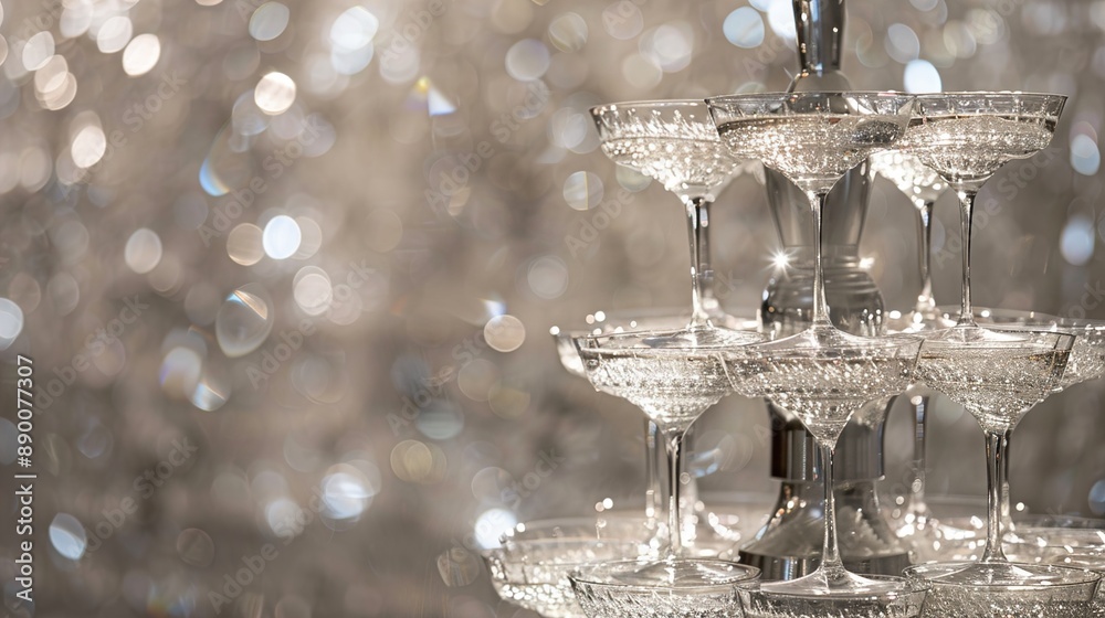 A sparkling champagne fountain cascading down tiers of crystal glasses, set against a backdrop of shimmering silver, a mesmerizing centerpiece for any celebration.
