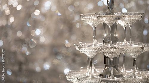 Obraz na płótnie A sparkling champagne fountain cascading down tiers of crystal glasses, set against a backdrop of shimmering silver, a mesmerizing centerpiece for any celebration. w salonie