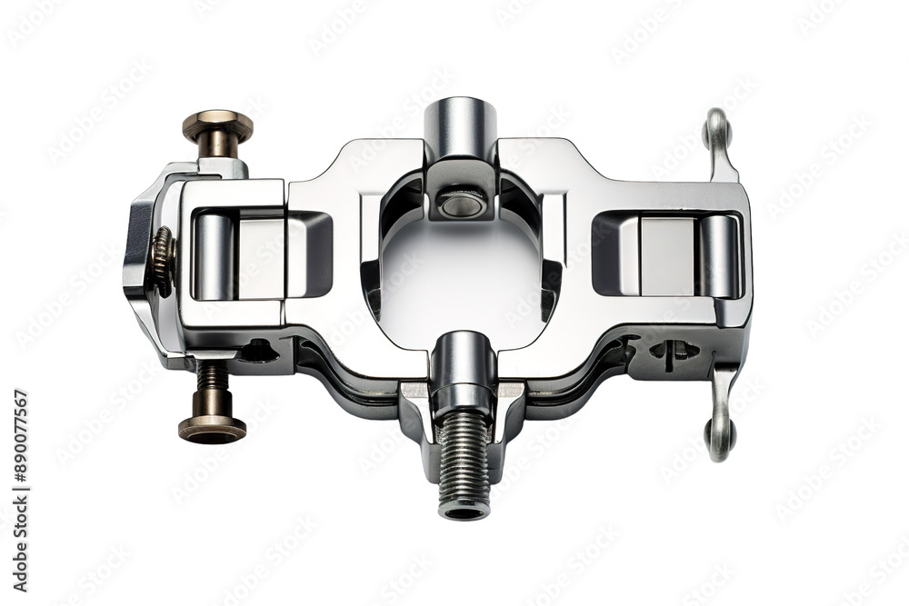 Precision Engineered Chrome Motorcycle Component With Adjustable Clamps and Swiveling Arm on a Clear PNG or White Background.