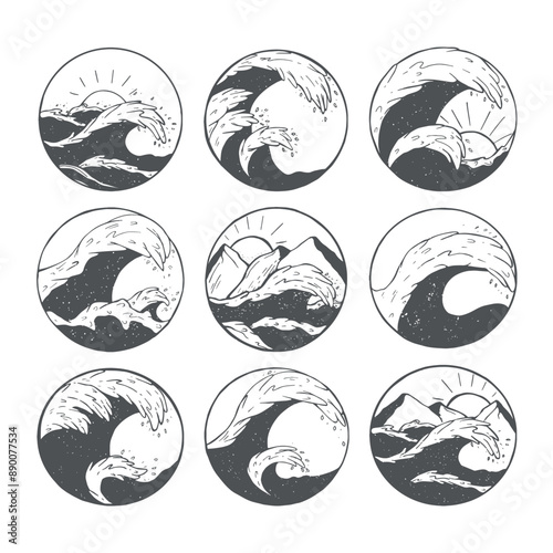 vector wave collection. ocean waves with sun and mountains vector sketch. waves vector freehand drawing