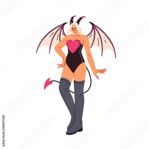 Woman in Helloween costume with wings, tail and horns. Sexy seductive female character disguised for Halloween party, October masquerade. Flat vector illustration isolated on white background