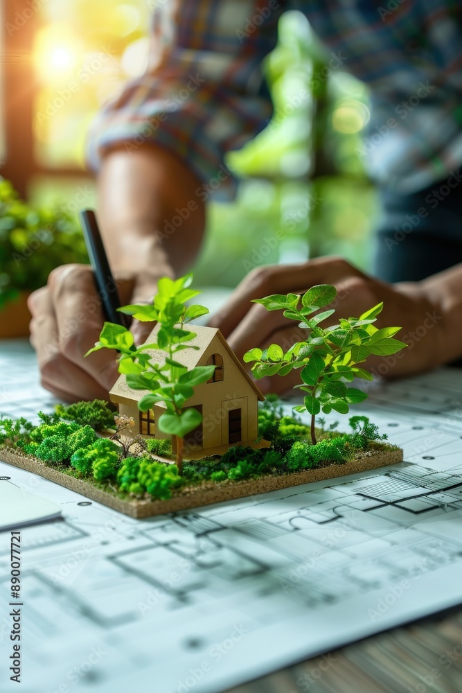 Fototapeta premium Architect Designing Eco-Friendly House Model with Green Plants on Blueprint in Sunlit Office