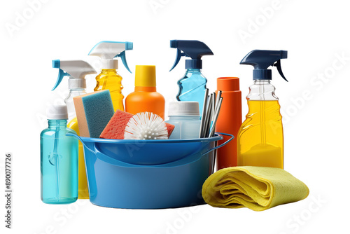 A Colorful Array of Cleaning Supplies Ready For Action on a Clear PNG or White Background.